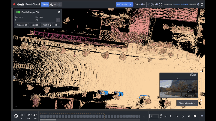 Point cloud scene with segmented objects displayed in the Ango Hub annotation interface.