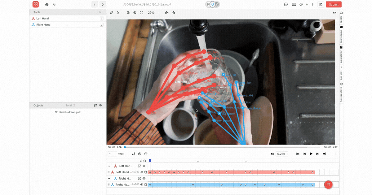 Skeleton annotation tool interface showing defined keypoints and connections for building a structured labeling template.