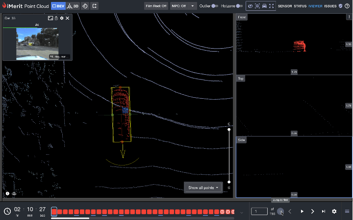 LiDAR point cloud annotation interface showing a cuboid around the detected object.