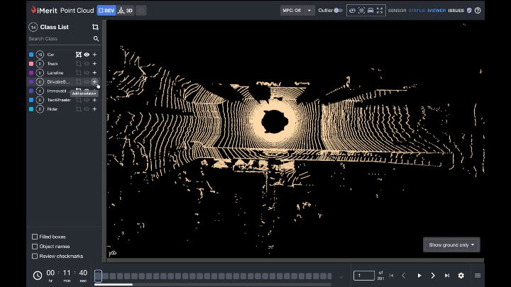Point cloud segmentation propagating across merged LiDAR frames in the Ango Hub annotation interface.