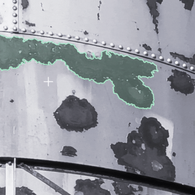 Industrial segmentation mask identifying the precise boundary of surface corrosion on a metallic structure.